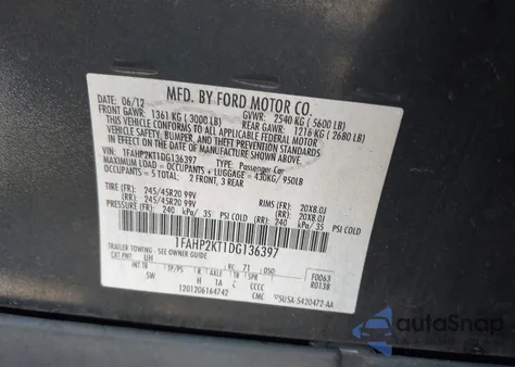 2013 Ford Taurus Sho z USA, uszkodzony, nr VIN 1FAHP2KT1DG136397